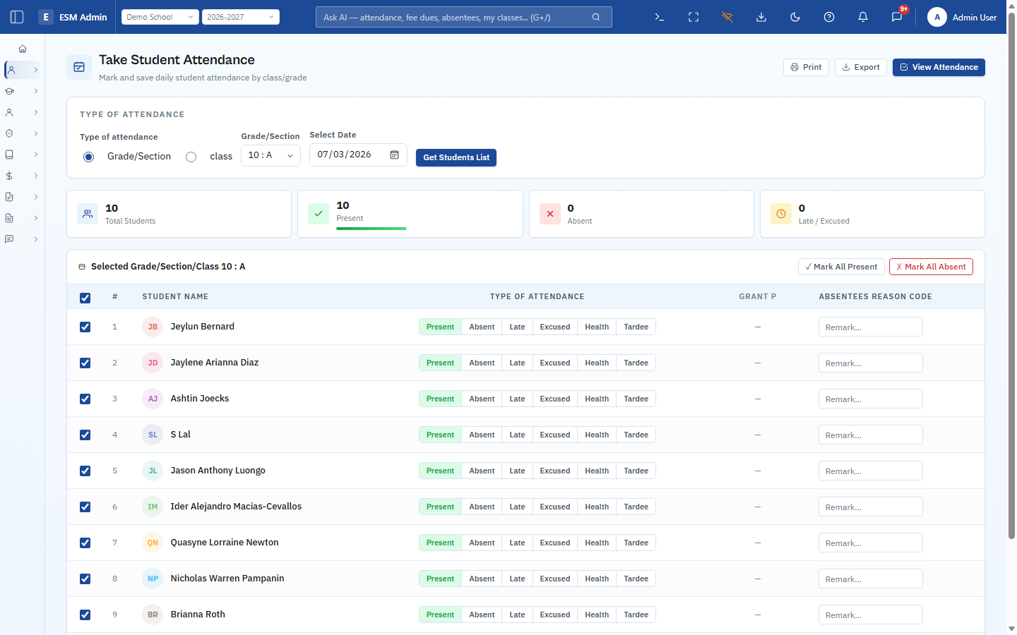 ESM Admin attendance screenshot