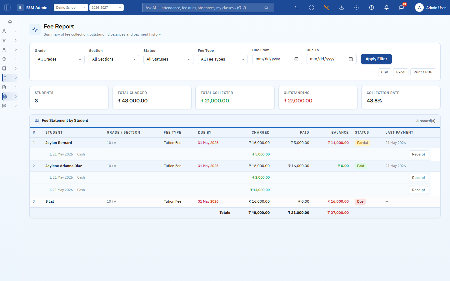 ESM Admin fee report screenshot