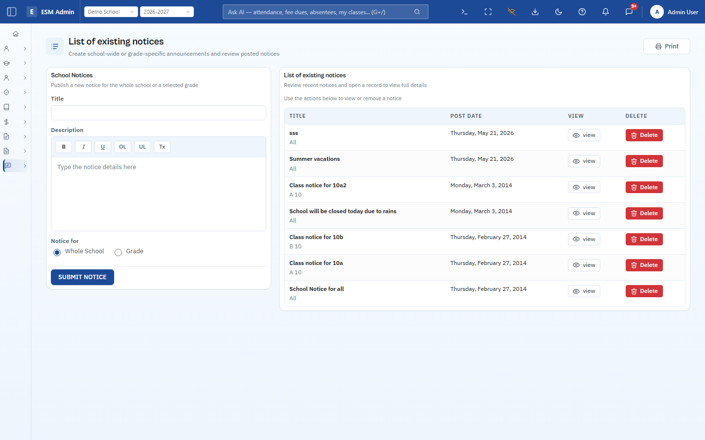 ESM notices page with a school-wide notice composer and a list of existing posted notices