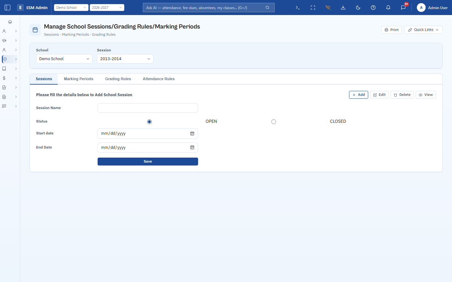 ESM Manage School Sessions — Add School Session form