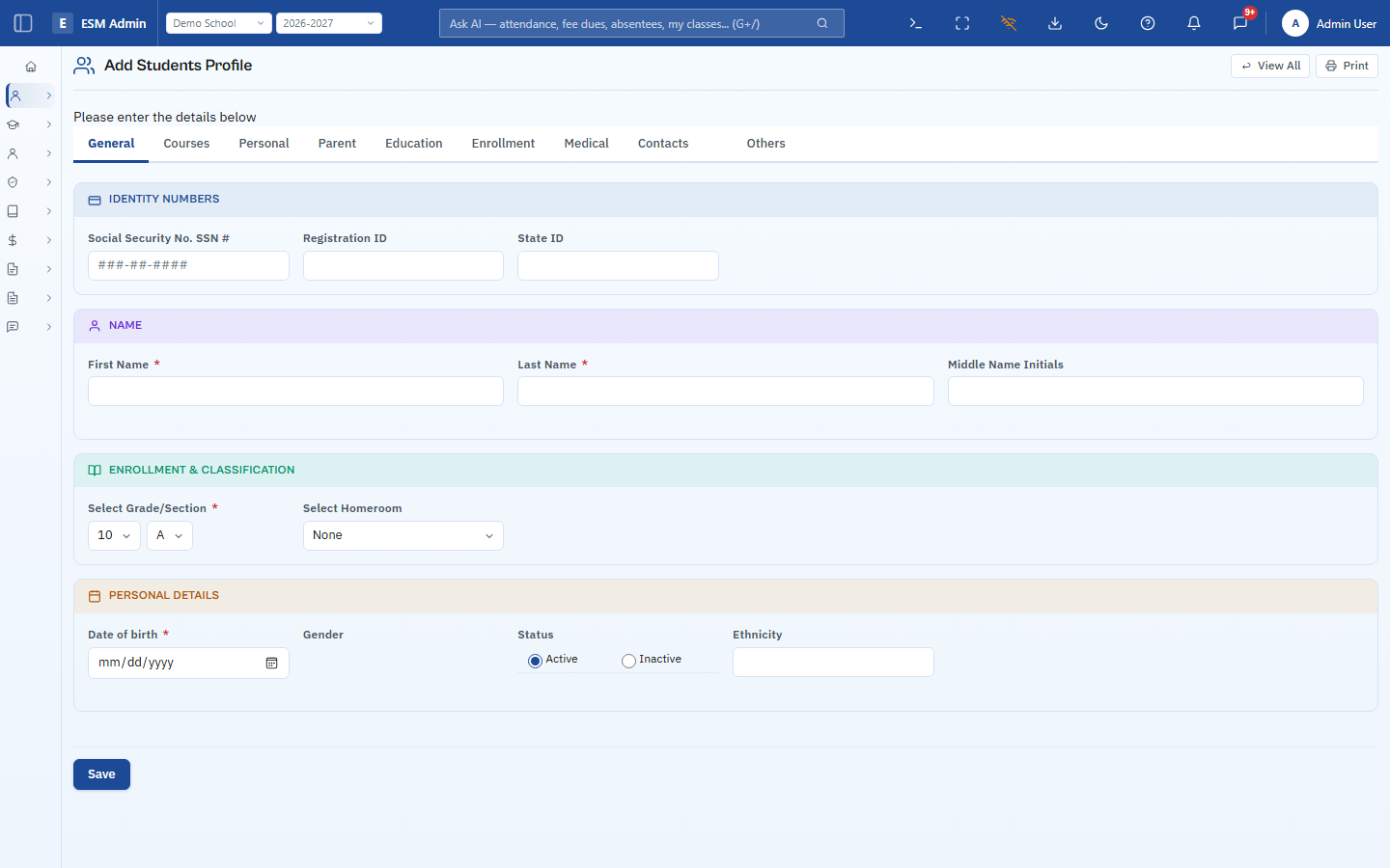 ESM Add Students Profile form