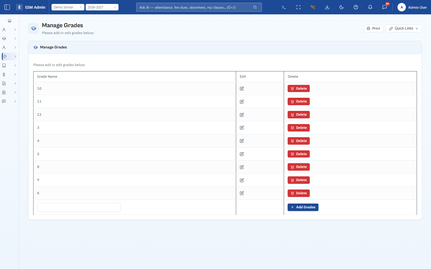ESM Manage Grades table with Add Grades form