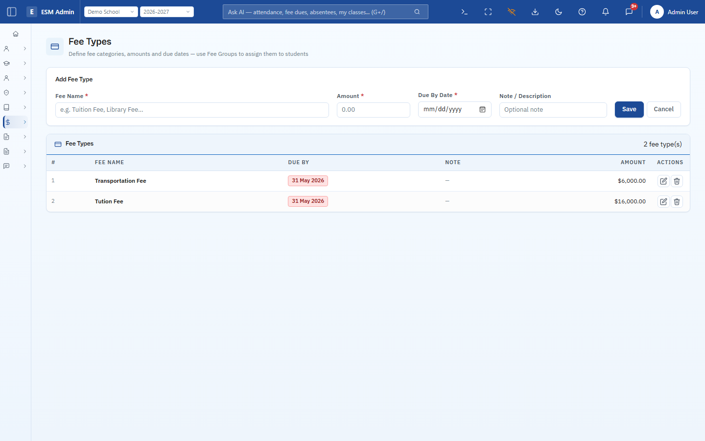 ESM Fee Types page with Add Fee Type form
