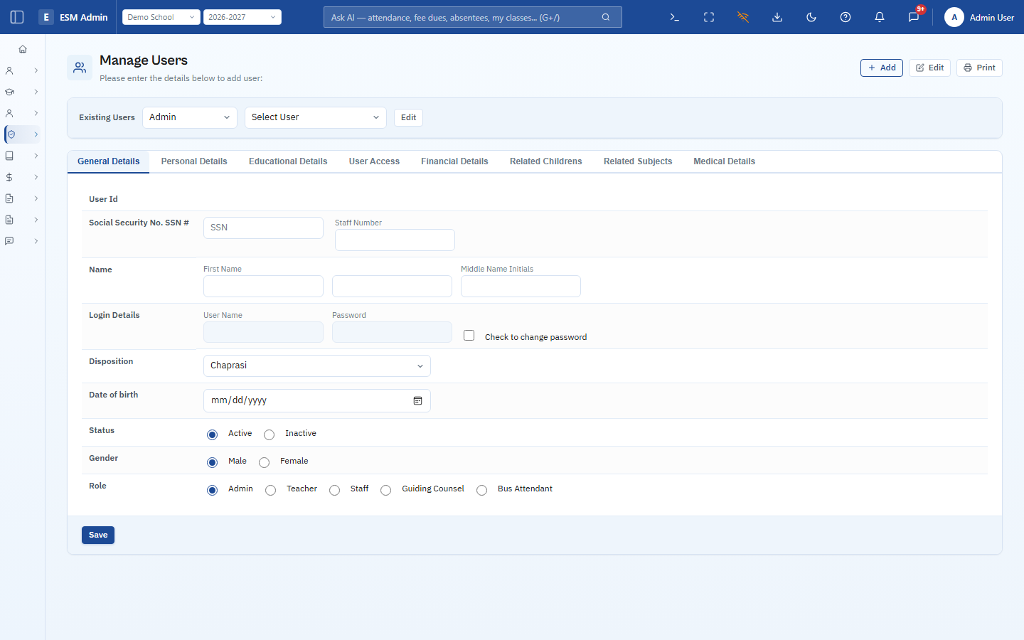 ESM Manage Users — General Details tab