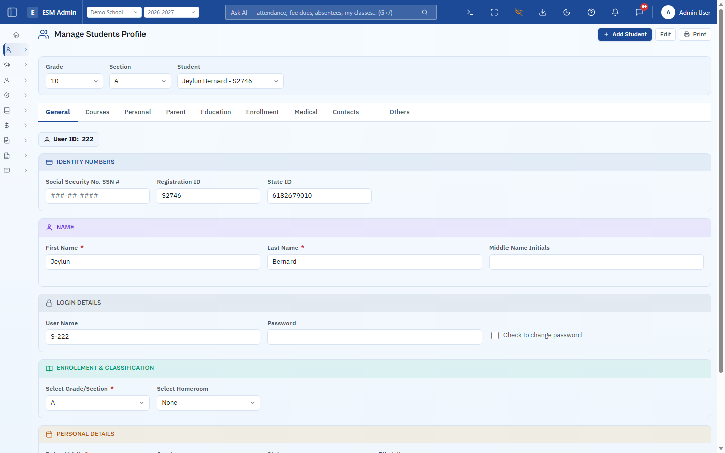 ESM Admin student profiles screenshot