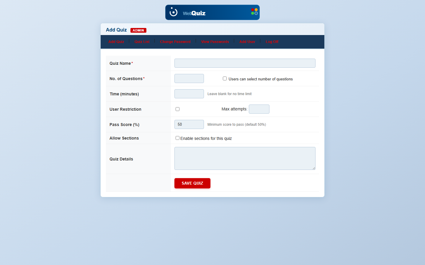 Add Quiz form with fields for quiz name, number of questions, time limit, user restriction and pass score
