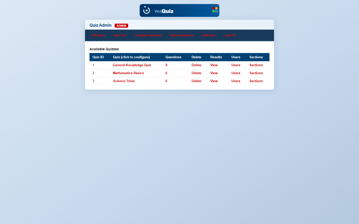 Online Quiz System admin quiz list screenshot