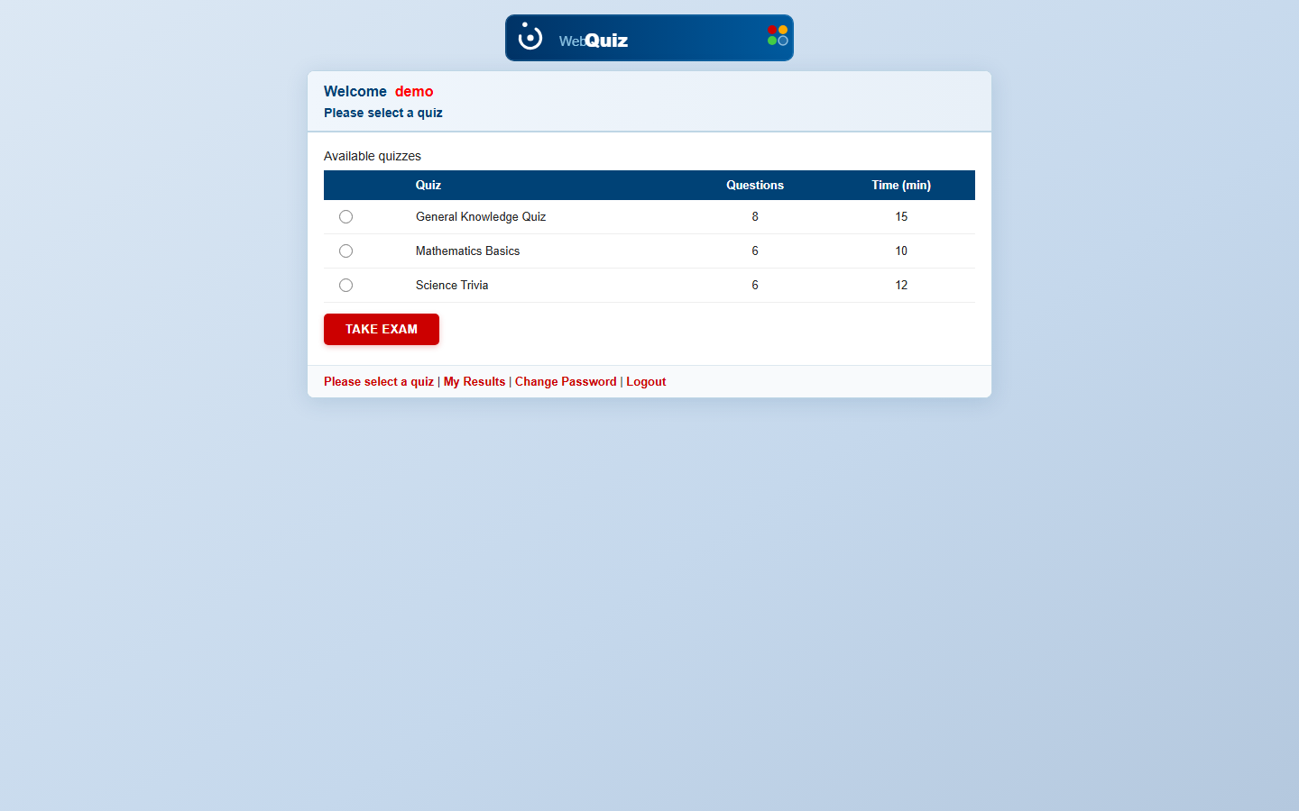 Online Quiz System, student view of available exams