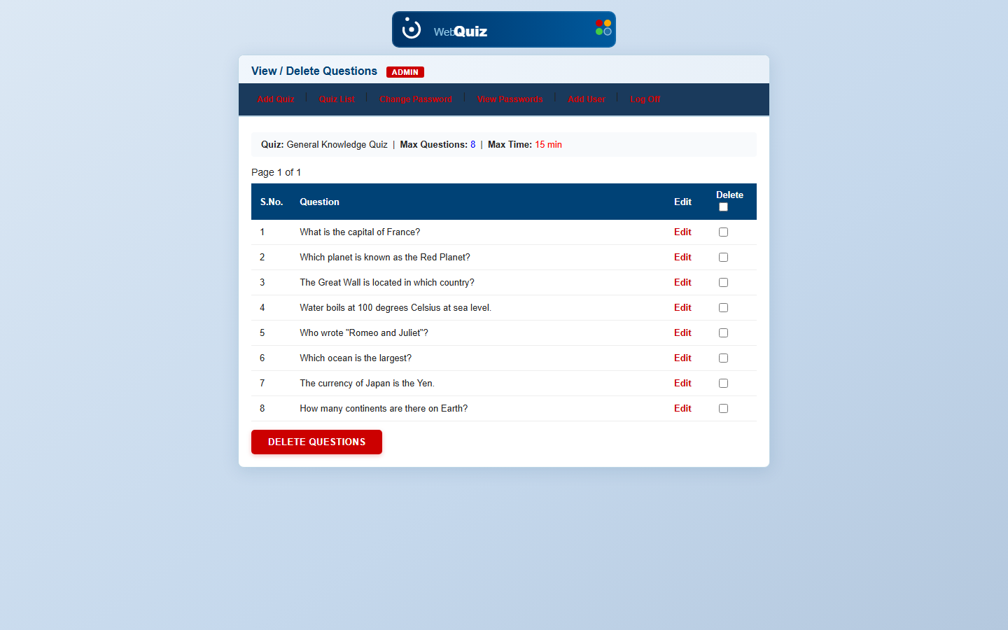 Online Quiz System question bank screenshot