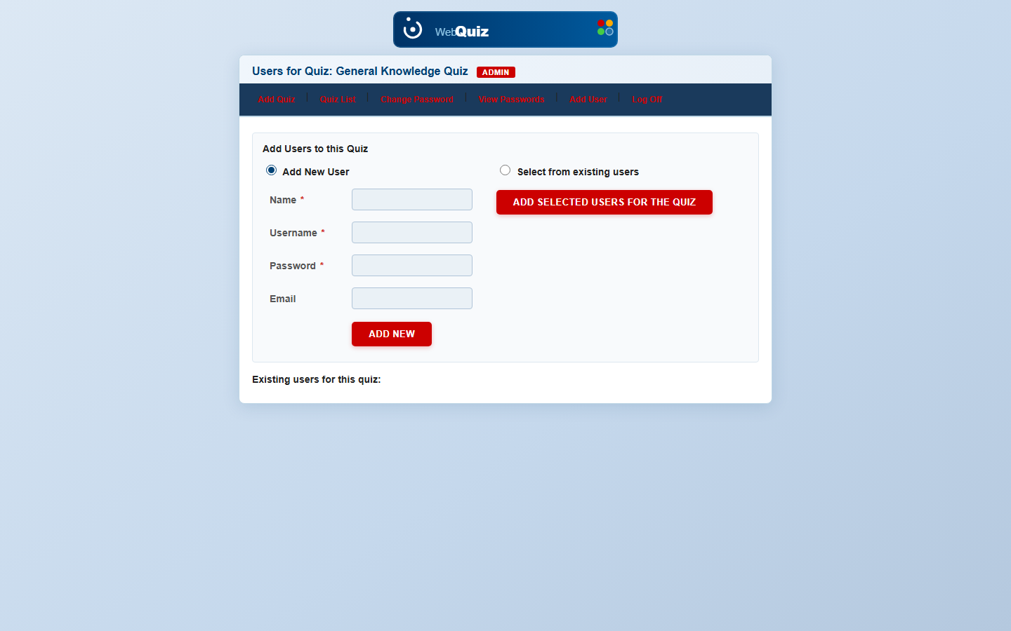 Online Quiz System user management screenshot