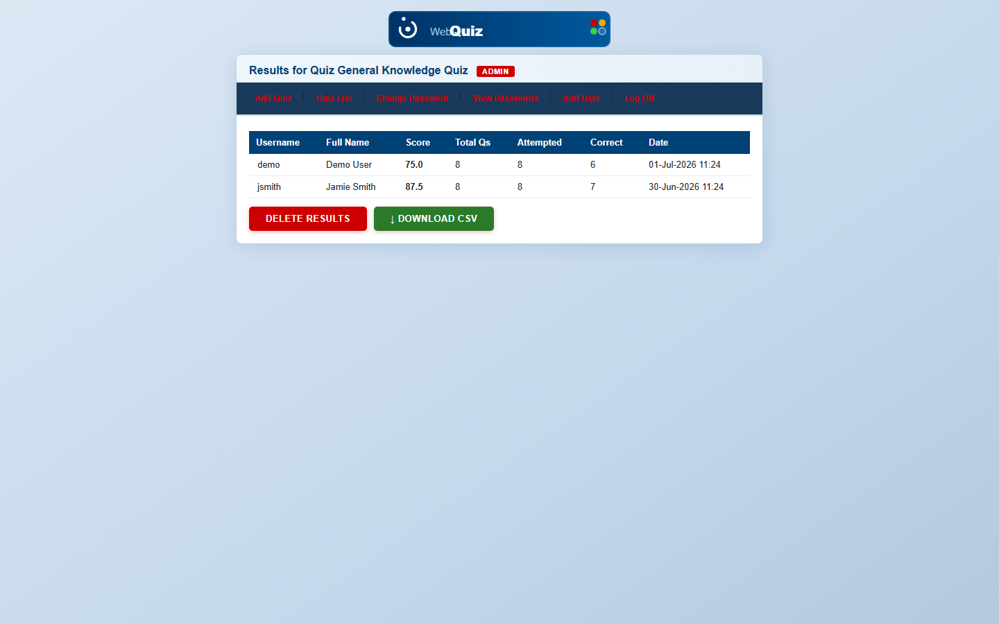Quiz results table showing student names, scores, totals, attempts and completion dates, with export to CSV